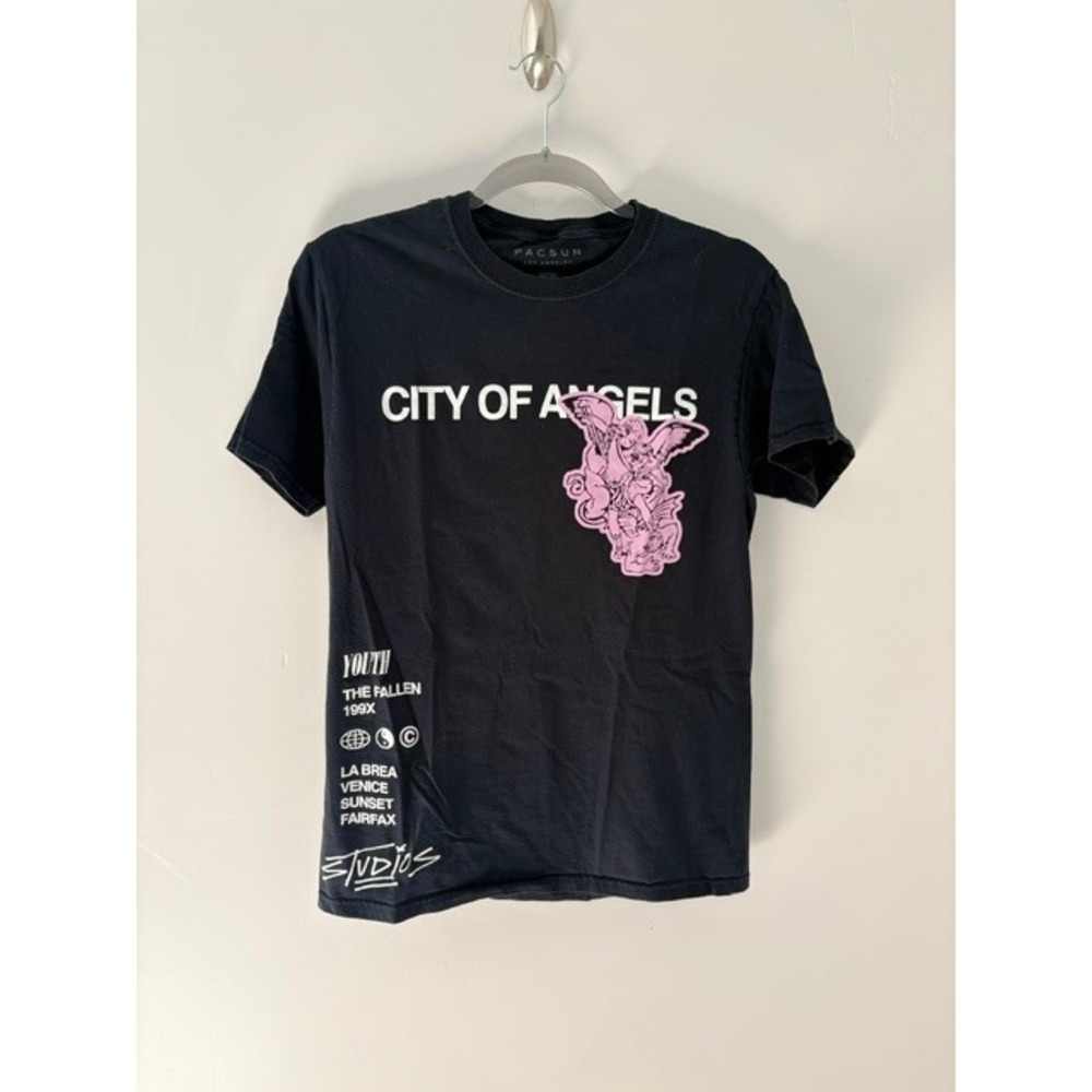 PacSun City of Angels Los Angeles Graphic‎ Tee Black Pink Cherub Small